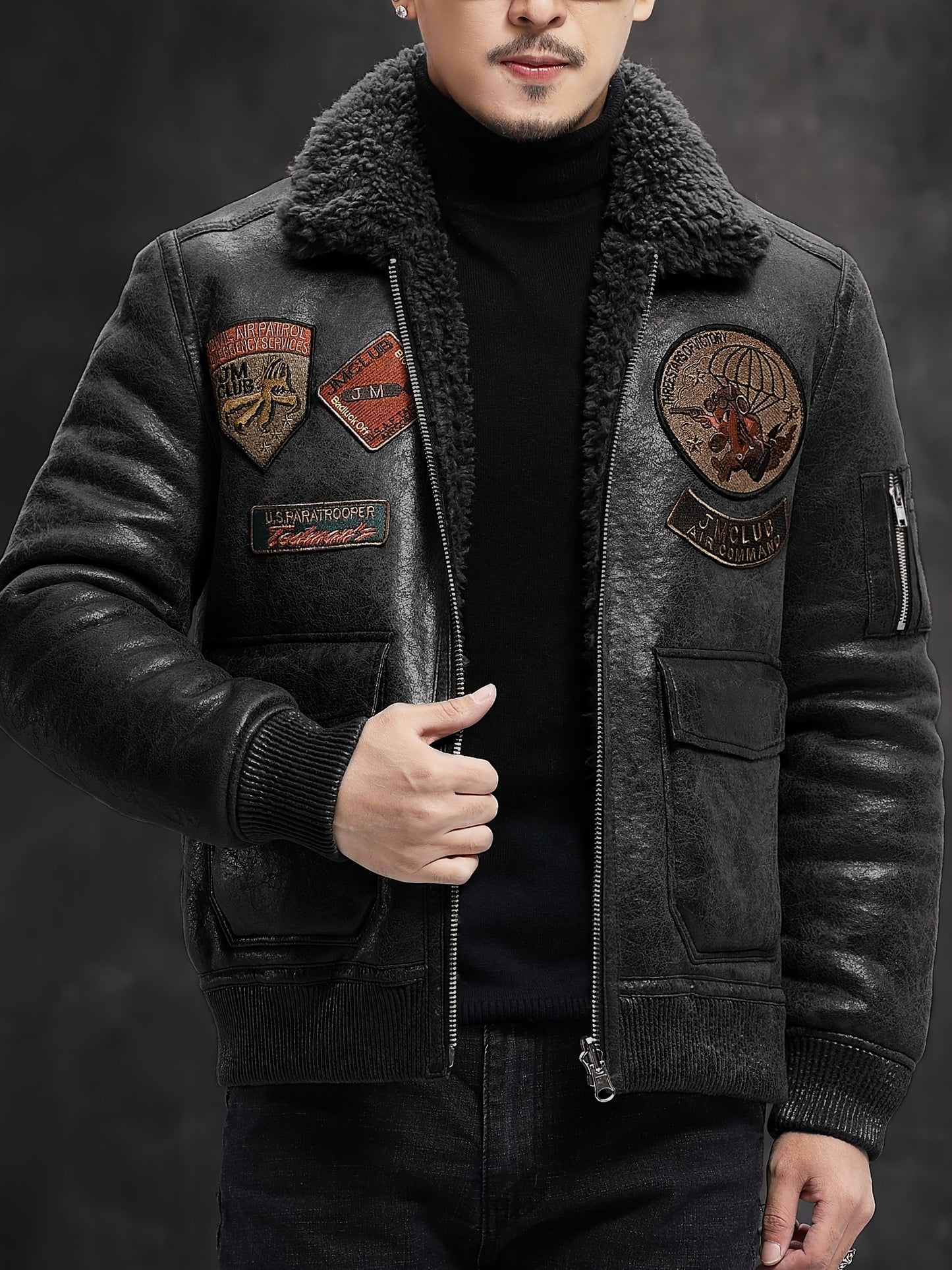 Men'S Faux Fur Lined Biker Jacket, Casual Long Sleeve Applique Air Force Style, Polyester 100% Knit Fabric, Solid Color Lapel Collar, Zipper Closure, Regular Fit for Daily & Golf Occasions - Fall/Winter Collection