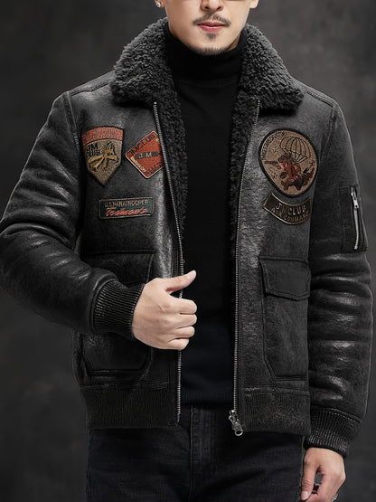Men'S Faux Fur Lined Biker Jacket, Casual Long Sleeve Applique Air Force Style, Polyester 100% Knit Fabric, Solid Color Lapel Collar, Zipper Closure, Regular Fit for Daily & Golf Occasions - Fall/Winter Collection