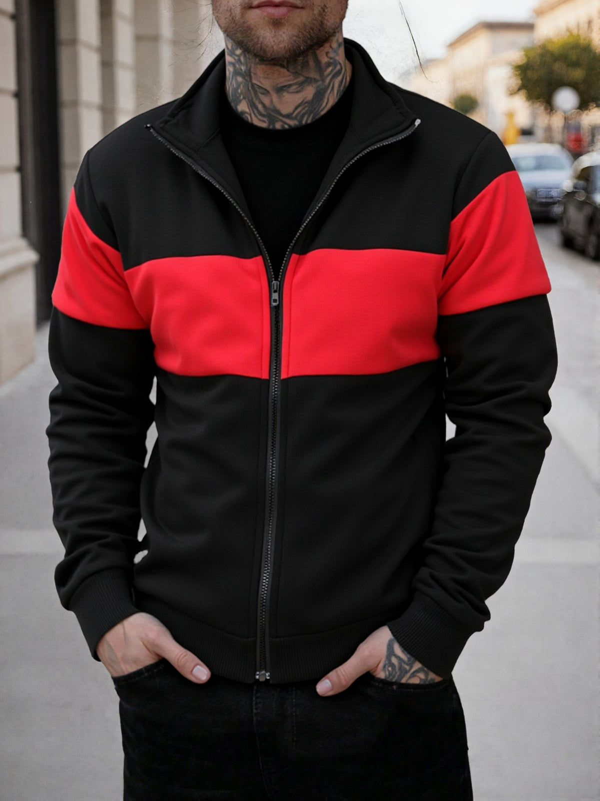 Men's Casual Stand Collar Zip-Up Fleece Jacket with Color Block