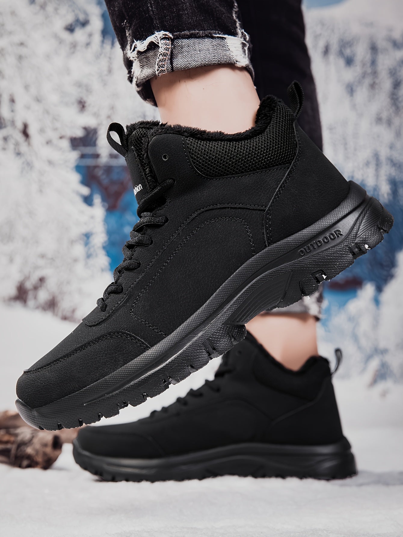 Men'S Mid-Top Winter Snow Boots - Lightweight, Non-Slip, Warm Plush Lining, Durable MD Sole, Black Workwear & Street Style for Outdoor Sports, Hiking, and Daily Leisure, Winter Boots, Hiking Footwear, Sleek Boot Design, Flexi