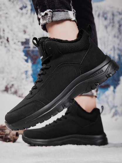 Men'S Mid-Top Winter Snow Boots - Lightweight, Non-Slip, Warm Plush Lining, Durable MD Sole, Black Workwear & Street Style for Outdoor Sports, Hiking, and Daily Leisure, Winter Boots, Hiking Footwear, Sleek Boot Design, Flexi