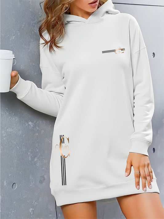 Women'S Elegant Letter Print Hooded Sweatshirt - Thickened Fleece-Lined Long Dress with Golden Lettering & Golden-Tone Lettering, Front Zipper Closure, All-Season Casual Elegant Sweater, Cute Hoodie