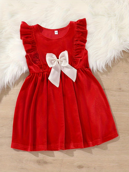 2pcs Girls' Winter Dress & Smock Dress Set - Elegant Bow & Ruffled Umbrella Outfit, 2pcs Blouse Dress with Round Neck Long Sleeve Dress for, Christmas Parties & Casual Attire - to (Hand Washable), Perfect for Outdoor