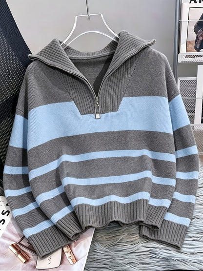 Women's Striped Zip-Up Sweater with Thickened Inner Layer