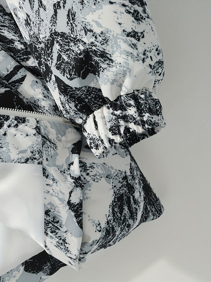 Men's Winter Mountain Camo Hooded Jacket with Insulating Polyester Fill - Stand Collar & Zippered Pockets, Machine Washable Outdoor Coat for Hiking, Camping, Casual Wear - White/Black/Gray (Regular Fit) by Ocean Muai Xing