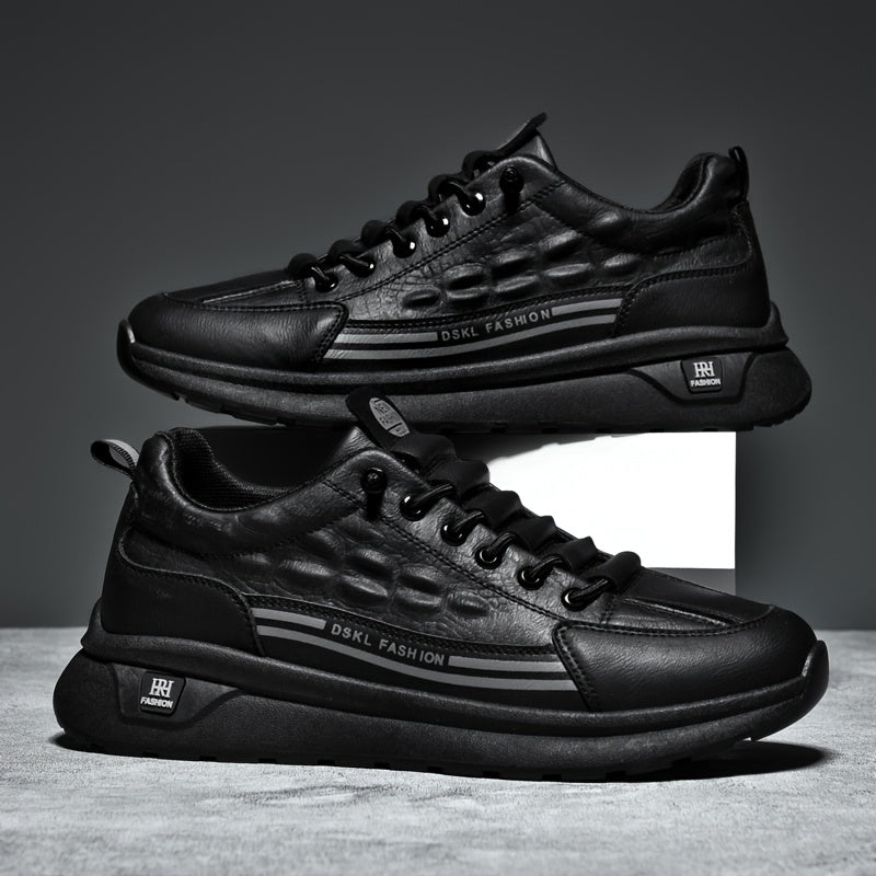 Men's Breathable Casual Sneakers - Comfortable, Versatile  Stylish Shoes for Running, Sports  Casual Attire, Black with White Accents, PU Upper  PVC Sole, Round Toe, Lace-Up Design, All-Season Use