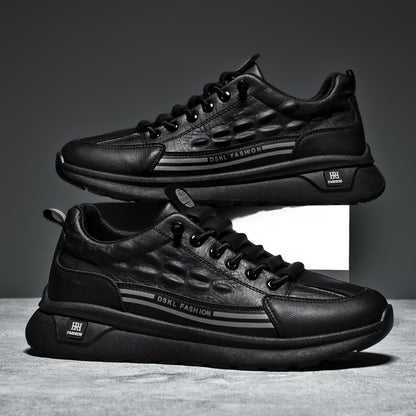 Men's Breathable Casual Sneakers - Comfortable, Versatile  Stylish Shoes for Running, Sports  Casual Attire, Black with White Accents, PU Upper  PVC Sole, Round Toe, Lace-Up Design, All-Season Use