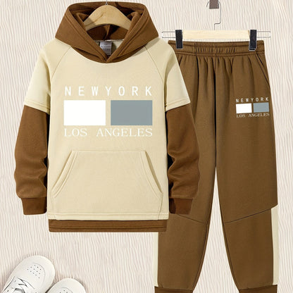 2pcs Boys' Oversized Hooded Sweatsuit & Jogger Pants Set with Letter Print - Beige & Brown Casual Winter Outfits, Thick Warm Fabric, Machine Washable, Pockets, Elastic Waist & Cuffed Hem for Play & Casual Attire - Ideal for L