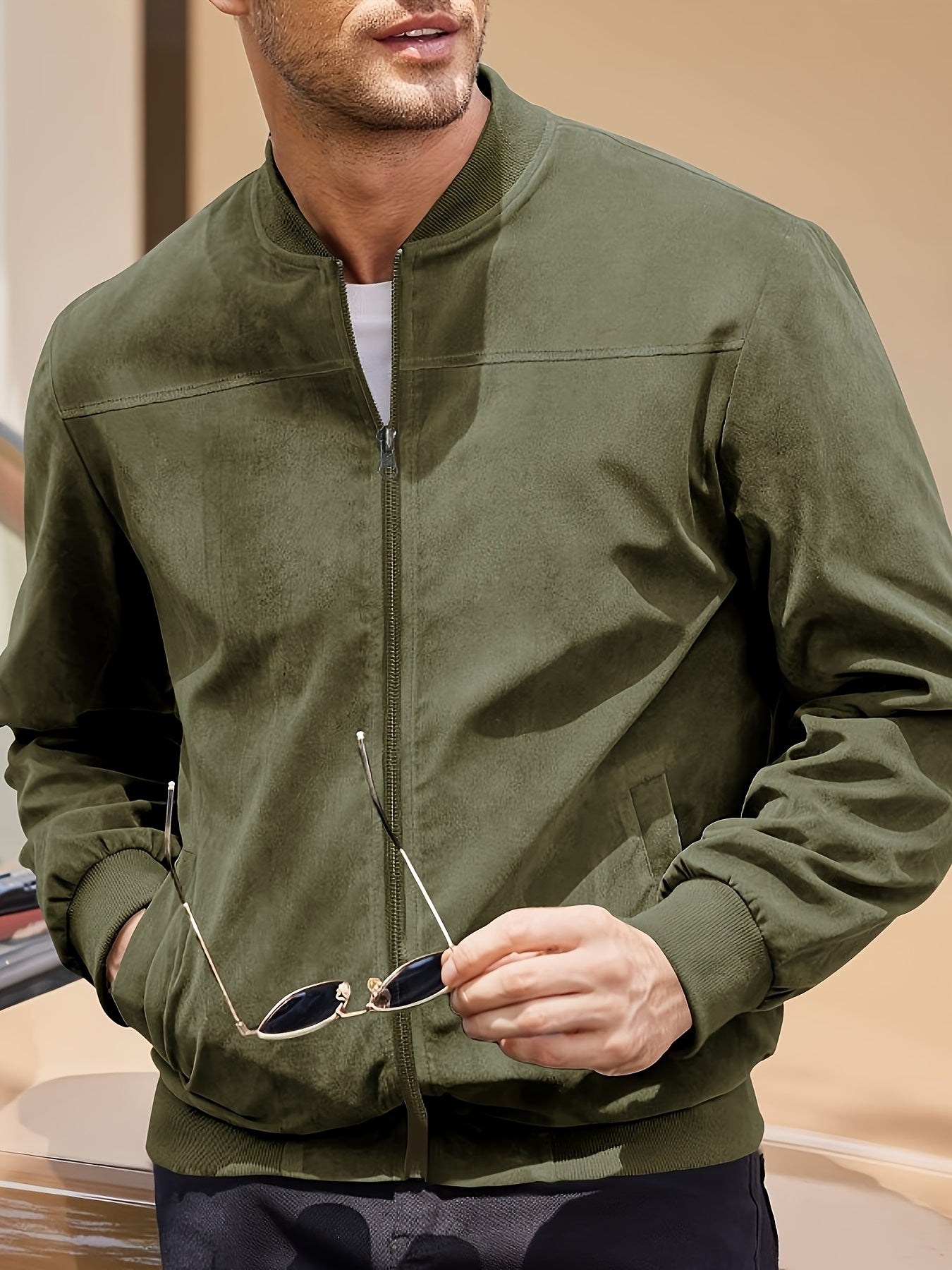 Men's Casual Retro-Inspired Lightweight Zip-Up Jacket - Solid Color, Machine Washable with Baseball Collar