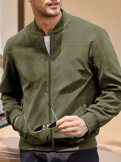 Men's Casual Retro-Inspired Lightweight Zip-Up Jacket - Solid Color, Machine Washable with Baseball Collar