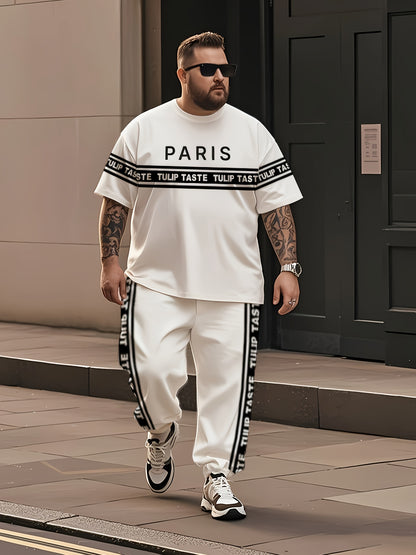 Black and White Striped Urban Style Large Size Men's Round Neck Short Sleeve T-shirt and Pants Black and White 3D Striped Mixed Print Simple Paris Letter Street Culture Short Sleeve T-shirt Urban Striped Letter Print Pants Fa