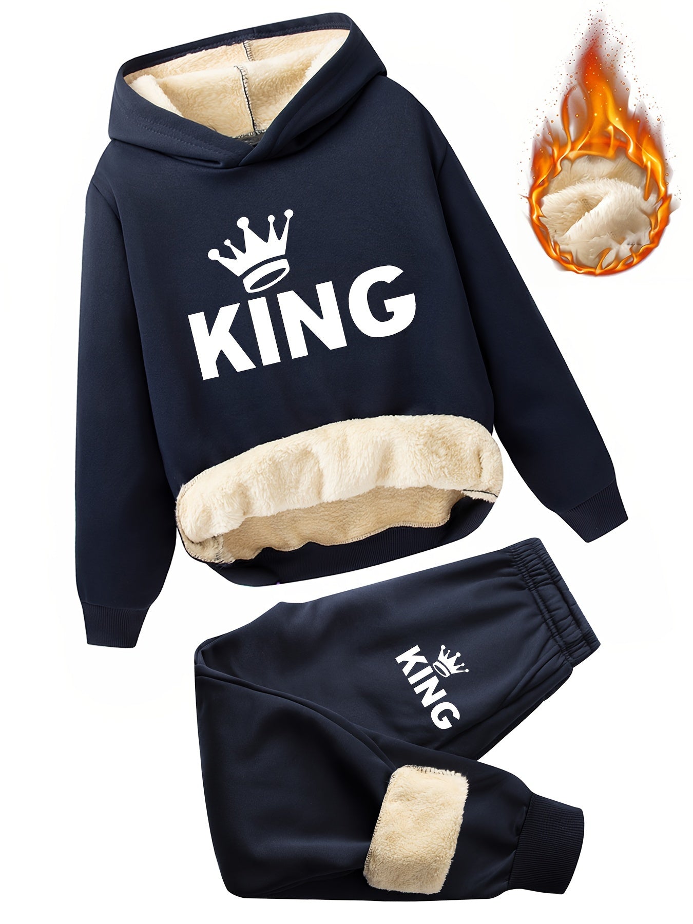 2pcs Boys' Fleece-Lined Thickened Warm Hoodie + Pants Set, Stylish Letter Print Winter Comfortable Sportswear Outfit for Kids Casual Leisurewear, Perfect for, Blanket Hoodie Kids