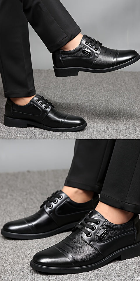 Men'S Genuine Leather Winter Warm Business Casual Shoes - Rubber Sole, Lace-Up Low-Top Design with Fabric Lining for All-Day Comfort, Black Solid Color for Office & Daily Wear