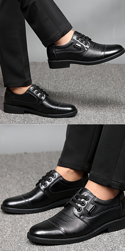 Men'S Genuine Leather Winter Warm Business Casual Shoes - Rubber Sole, Lace-Up Low-Top Design with Fabric Lining for All-Day Comfort, Black Solid Color for Office & Daily Wear
