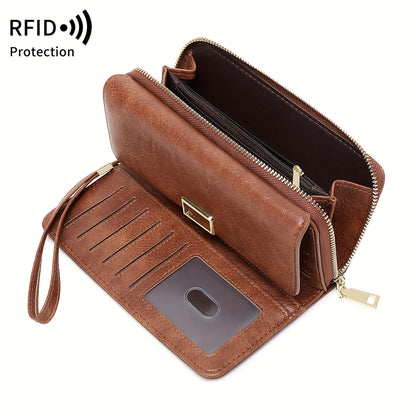 MIYIN Women's Vintage RFID Blocking Large Capacity Wallet with Wrist Strap - Tri-Fold  Handbag, Zipper Pocket & ID Slot, Multi-Card Holder (Credit/Debit) - Solid for Professional & Everyday Use