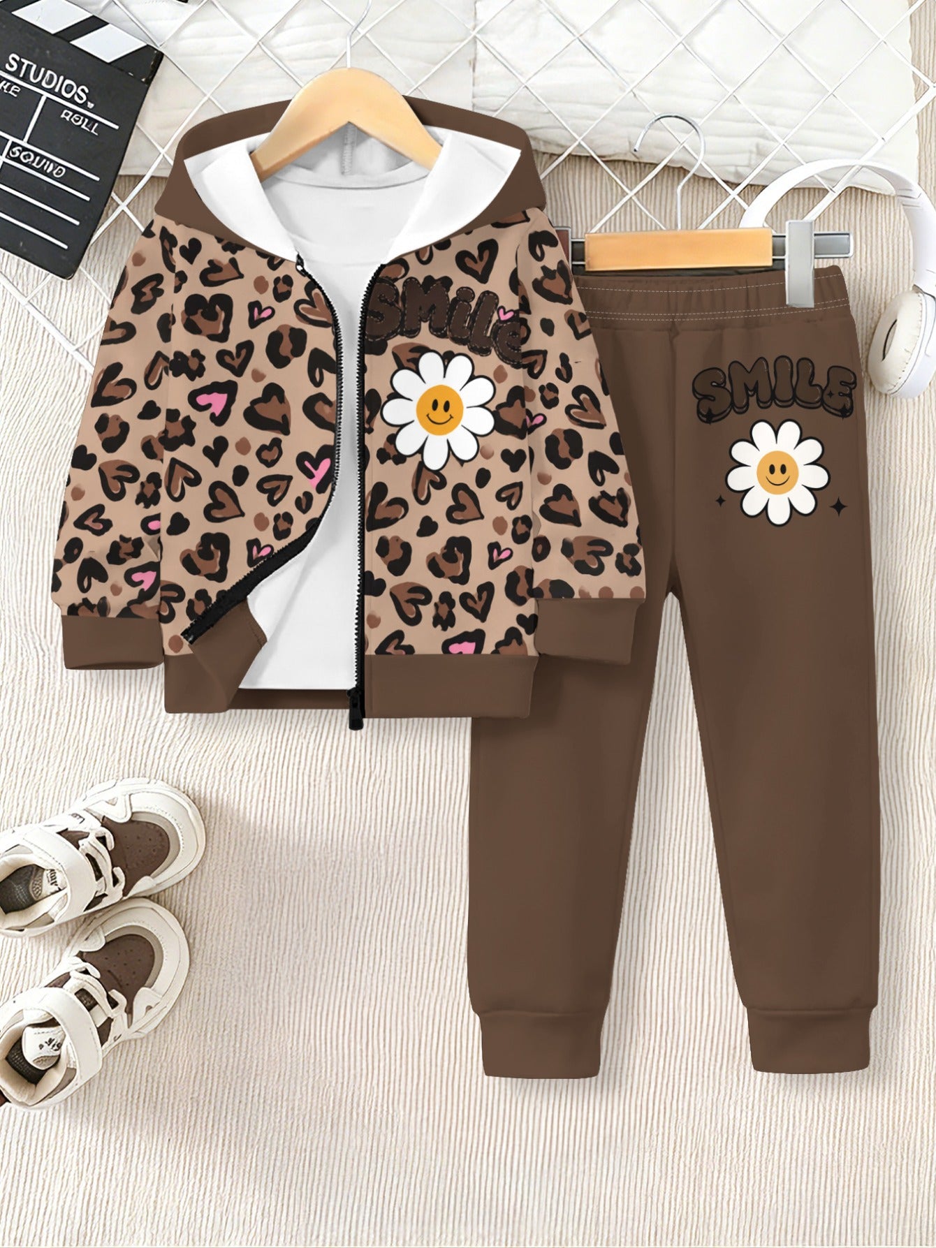 Girls Leopard Print Zip-Up Hoodie Set Lightweight Casual Outfit