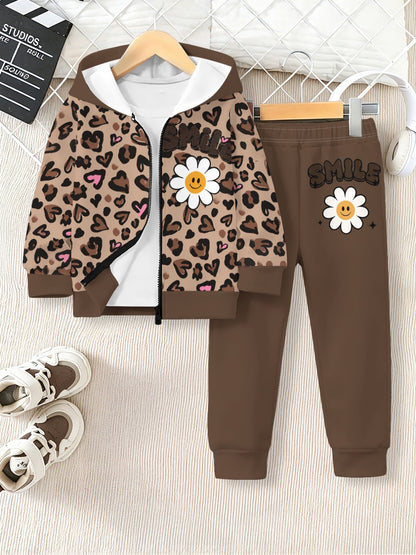 Girls Leopard Print Zip-Up Hoodie Set Lightweight Casual Outfit
