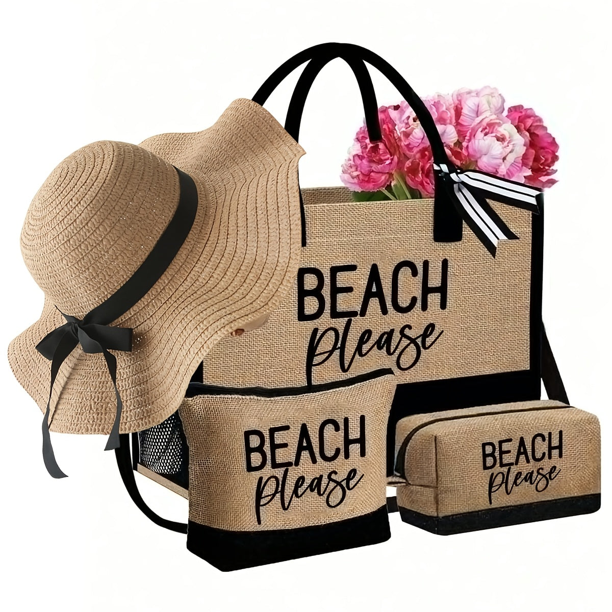 Women's Beach Tote Bag with 'Beach Please' Print - Large Capacity