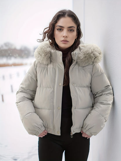 Women'S Winter Coat with Removable Faux Fur Hood - Thickened Loose Fit Long Sleeve Jacket, Zippered Pockets & Button Front, Casual Solid Color Outerwear for Cold Weather, Cozy Warmth, Buttoned Closure, Durable Fabric