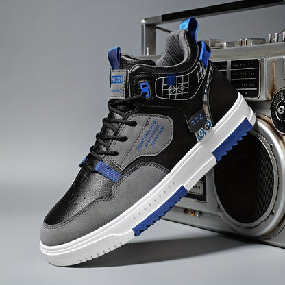 Men's Skate Shoes with Good Grip  Breathable Design - PU Upper, Cushioned PVC Sole, Black/Blue Letter Pattern Lace-Up Sneakers for All-Season Casual  Sports Wear, Allseason Shoes   Modern Casual Shoes   Comfortable Wear