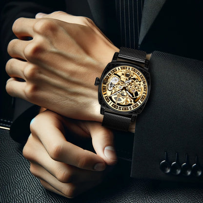 Men's Avant-Garde Automatic Skeleton Watch with Black Steel Mesh Band