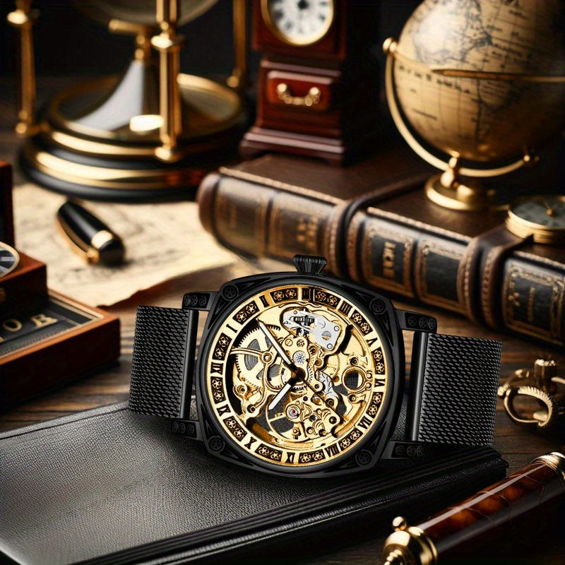 Men's Avant-Garde Automatic Skeleton Watch with Black Steel Mesh Band