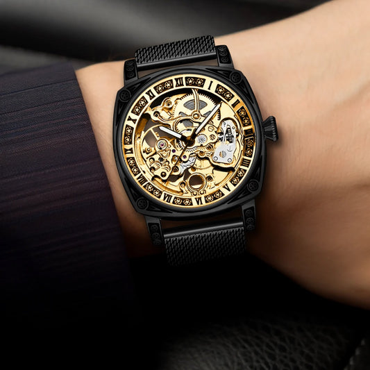 Men's Avant-Garde Automatic Skeleton Watch with Black Steel Mesh Band