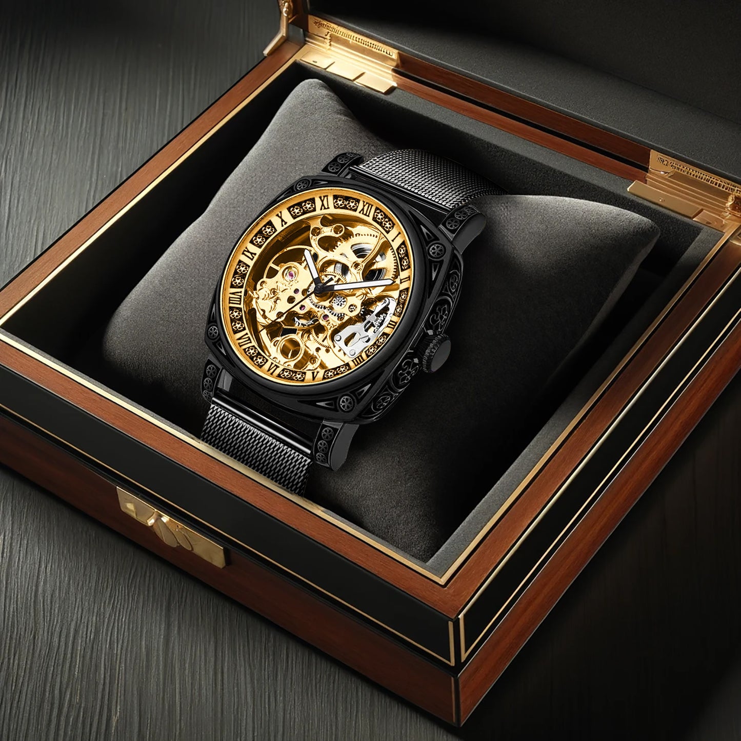 Men's Avant-Garde Automatic Skeleton Watch with Black Steel Mesh Band