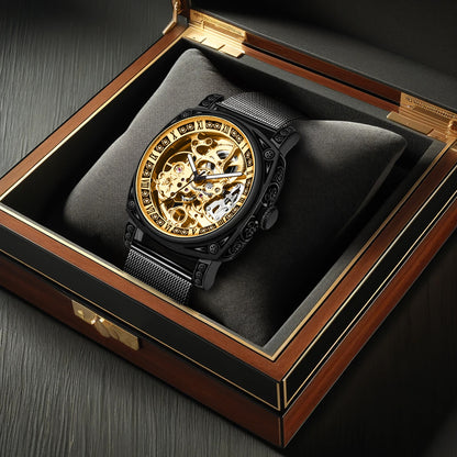 Men's Avant-Garde Automatic Skeleton Watch with Black Steel Mesh Band