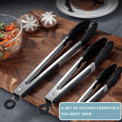 Sturdy Kitchen Tongs Made of Stainless Steel with Silicone Ends - Resistant to Heat, Equipped with a Locking Feature for a Secure Grip, Offered in Lengths of 17.78 cm, 22.86 cm, And 30.48 cm, in Black.