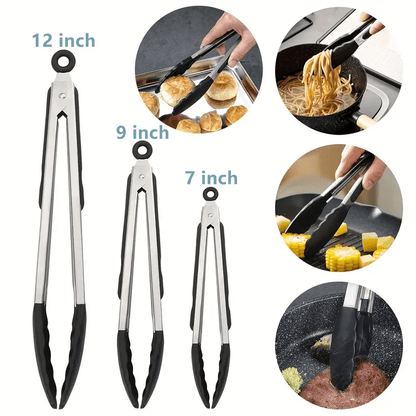 Sturdy Kitchen Tongs Made of Stainless Steel with Silicone Ends - Resistant to Heat, Equipped with a Locking Feature for a Secure Grip, Offered in Lengths of 17.78 cm, 22.86 cm, And 30.48 cm, in Black.