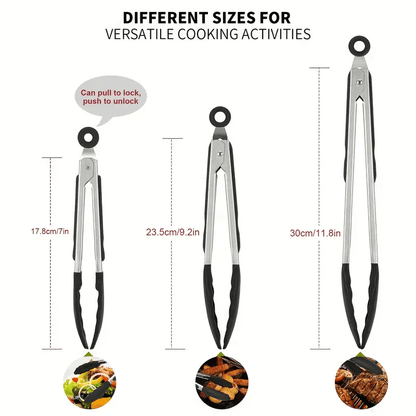 Sturdy Kitchen Tongs Made of Stainless Steel with Silicone Ends - Resistant to Heat, Equipped with a Locking Feature for a Secure Grip, Offered in Lengths of 17.78 cm, 22.86 cm, And 30.48 cm, in Black.