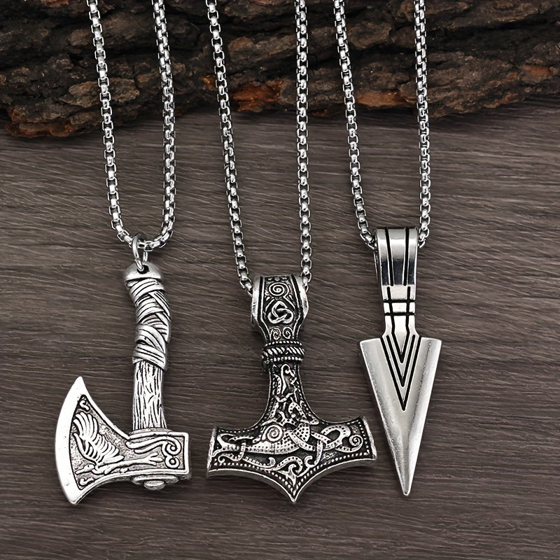 3 Pieces Of Men's Viking Necklace - Viking Hammer Nordic Compass Celtic Knot Wolf Axe Pendant Nordic Amulet Pendant Necklace Holiday Jewelry Gift
