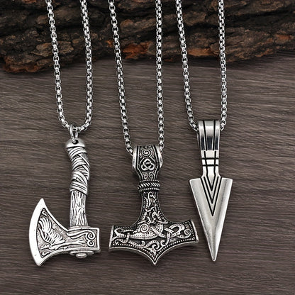 3 Pieces Of Men's Viking Necklace - Viking Hammer Nordic Compass Celtic Knot Wolf Axe Pendant Nordic Amulet Pendant Necklace Holiday Jewelry Gift