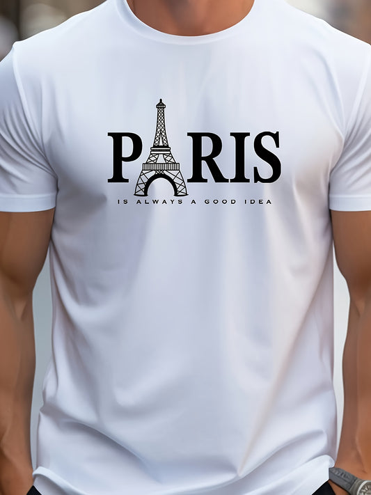 Men's Retro Paris Eiffel Tower  Letter Print T-Shirt - Breathable Polyester Casual Short Sleeve Round Neck Tee, Machine Washable Summer Top for Casual Attire, Leisure Outfit, Comfortable Fit Shirt
