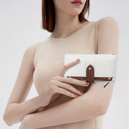 Women's Large Capacity Wallet Handbag with Wrist Strap - Elegant White & Golden-Tone Long Wallet, Golden-Tone Hardware, Multi-Compartment Organizer with Cash Pocket & Card Holder for Everyday Use, School, Work, Travel - Styli