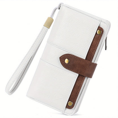 Women's Large Capacity Wallet Handbag with Wrist Strap - Elegant White & Golden-Tone Long Wallet, Golden-Tone Hardware, Multi-Compartment Organizer with Cash Pocket & Card Holder for Everyday Use, School, Work, Travel - Styli