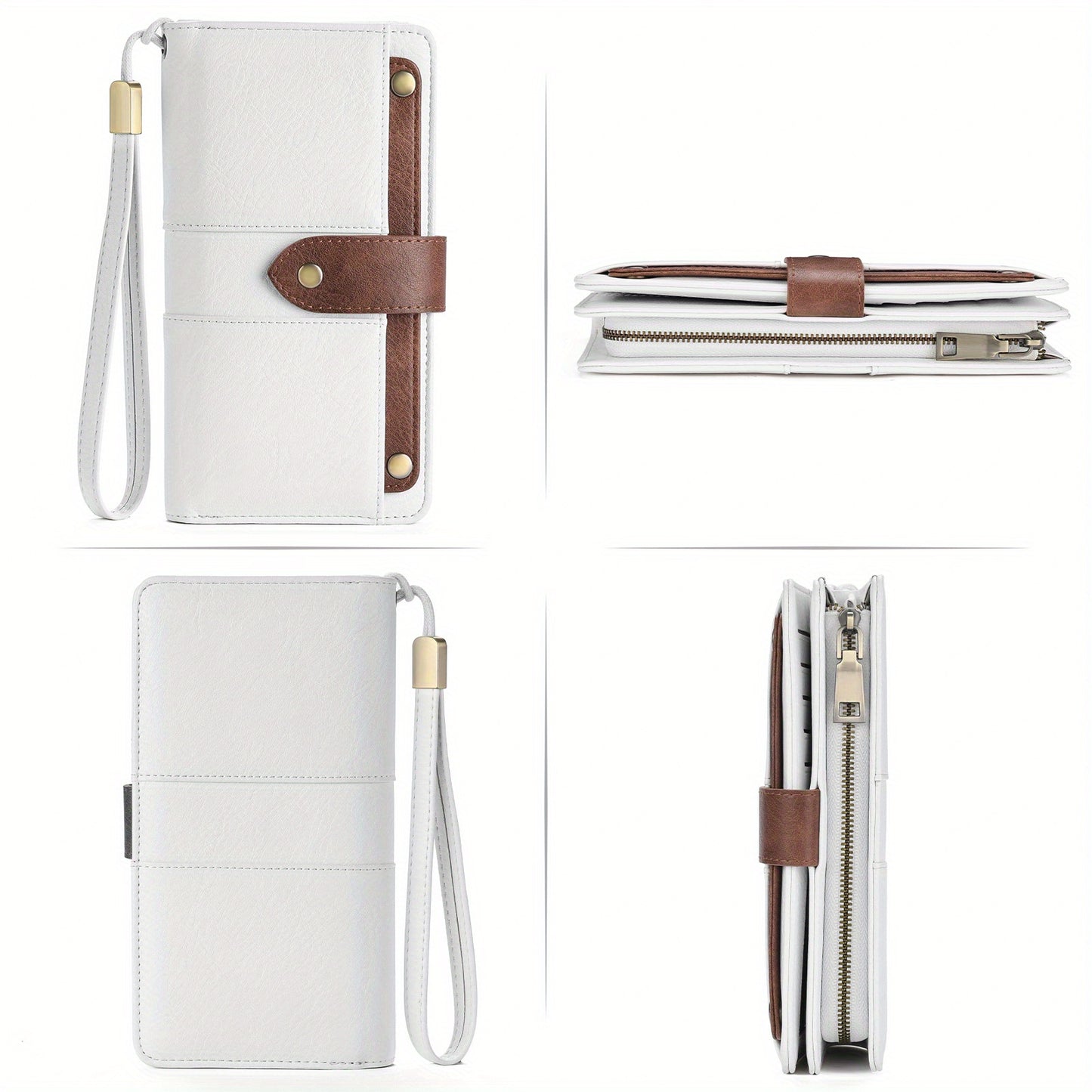 Women's Large Capacity Wallet Handbag with Wrist Strap - Elegant White & Golden-Tone Long Wallet, Golden-Tone Hardware, Multi-Compartment Organizer with Cash Pocket & Card Holder for Everyday Use, School, Work, Travel - Styli