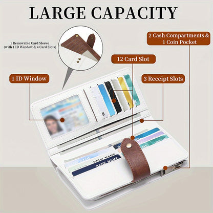 Women's Large Capacity Wallet Handbag with Wrist Strap - Elegant White & Golden-Tone Long Wallet, Golden-Tone Hardware, Multi-Compartment Organizer with Cash Pocket & Card Holder for Everyday Use, School, Work, Travel - Styli