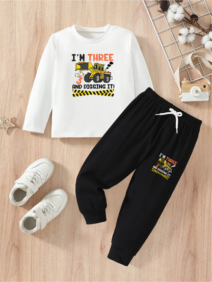 Boys' Casual Bulldozer Print Cotton Fall/Winter Sportswear Set