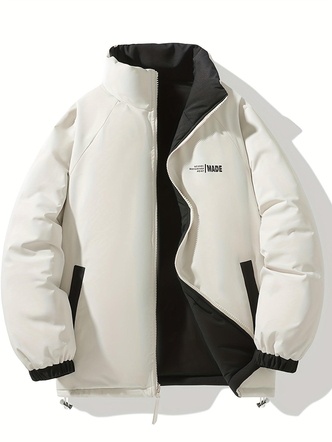 Men'S Double-Sided Winter Jacket - Thickened Stand Collar, Zip-Up Casual Long Sleeve Coat with "MADEASURABLE" & "I CONUT" Branding, Black & White, Regular Fit for Autumn & Winter, Autumn Outerwear, Bold Lettering, Durable Fab