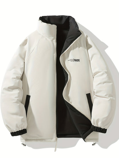 Men'S Double-Sided Winter Jacket - Thickened Stand Collar, Zip-Up Casual Long Sleeve Coat with "MADEASURABLE" & "I CONUT" Branding, Black & White, Regular Fit for Autumn & Winter, Autumn Outerwear, Bold Lettering, Durable Fab