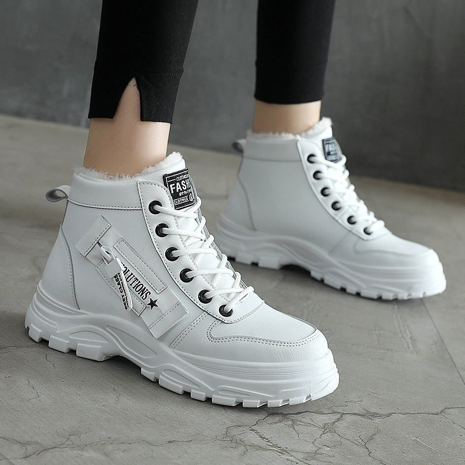Women's Ankle Boots, Warm High-Top Fleece-Lined Short Boots for Commuting and Outdoor Use in White Style
