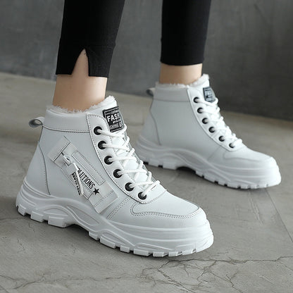 Women's Ankle Boots, Warm High-Top Fleece-Lined Short Boots for Commuting and Outdoor Use in White Style