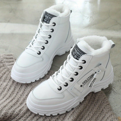 Women's Ankle Boots, Warm High-Top Fleece-Lined Short Boots for Commuting and Outdoor Use in White Style