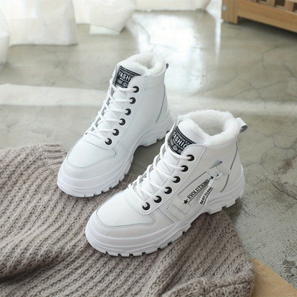 Women's Ankle Boots, Warm High-Top Fleece-Lined Short Boots for Commuting and Outdoor Use in White Style