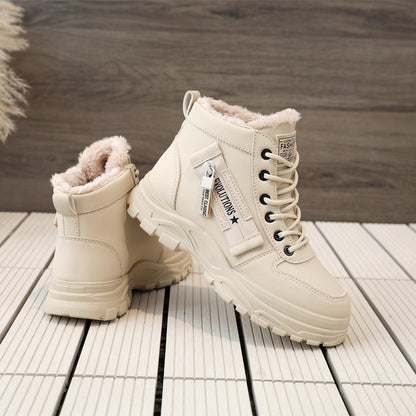 Women's Ankle Boots, Warm High-Top Fleece-Lined Short Boots for Commuting and Outdoor Use in White Style