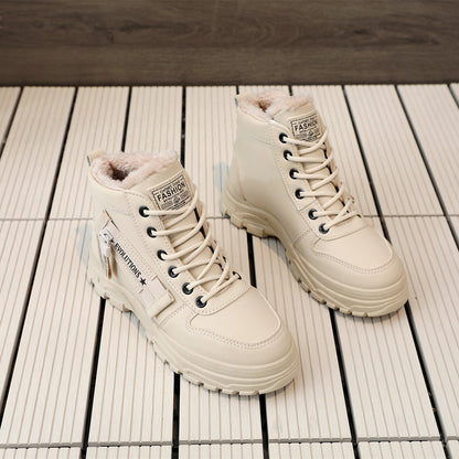 Women's Ankle Boots, Warm High-Top Fleece-Lined Short Boots for Commuting and Outdoor Use in White Style