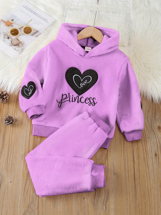 Girls' Winter Fleece-Lined Hooded Sweatshirt & Pants Set - Cozy Thickened Flannel, Heart Pattern, Long Sleeve, Loose Fit, Warm Casual Outdoor Outfit for Youngsters, Winter Clothes for Girls, Youngsters'S Winter Wear, Playful
