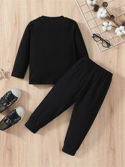Boys Cotton Spider Print Casual Fall Winter Long Tee & Pants Set
